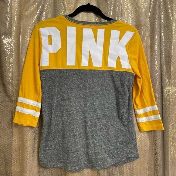 PINK Victorias Secret Yellow White Gray Logo 3/4 Sleeve Top, XS - Picture 2 of 4